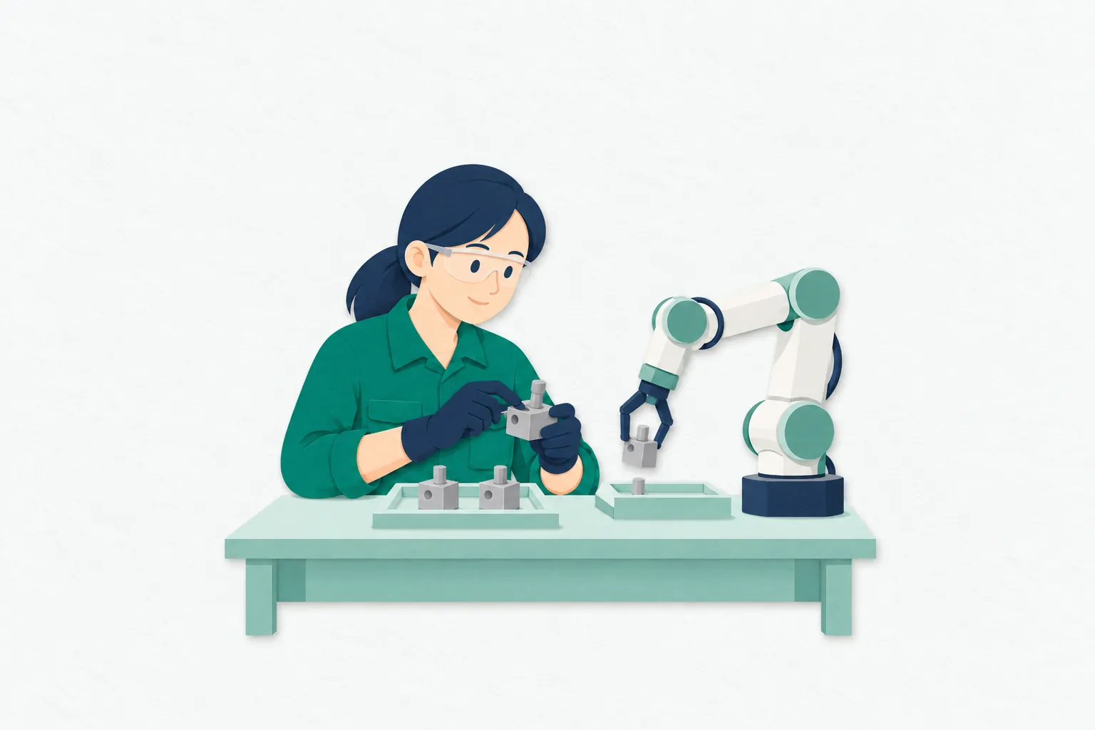 明るい作業場で、作業員とロボットアームが同じ作業台に向かい、小さな部品を組み立てている。作業員は部品の位置を確かめながら工程を進めている。