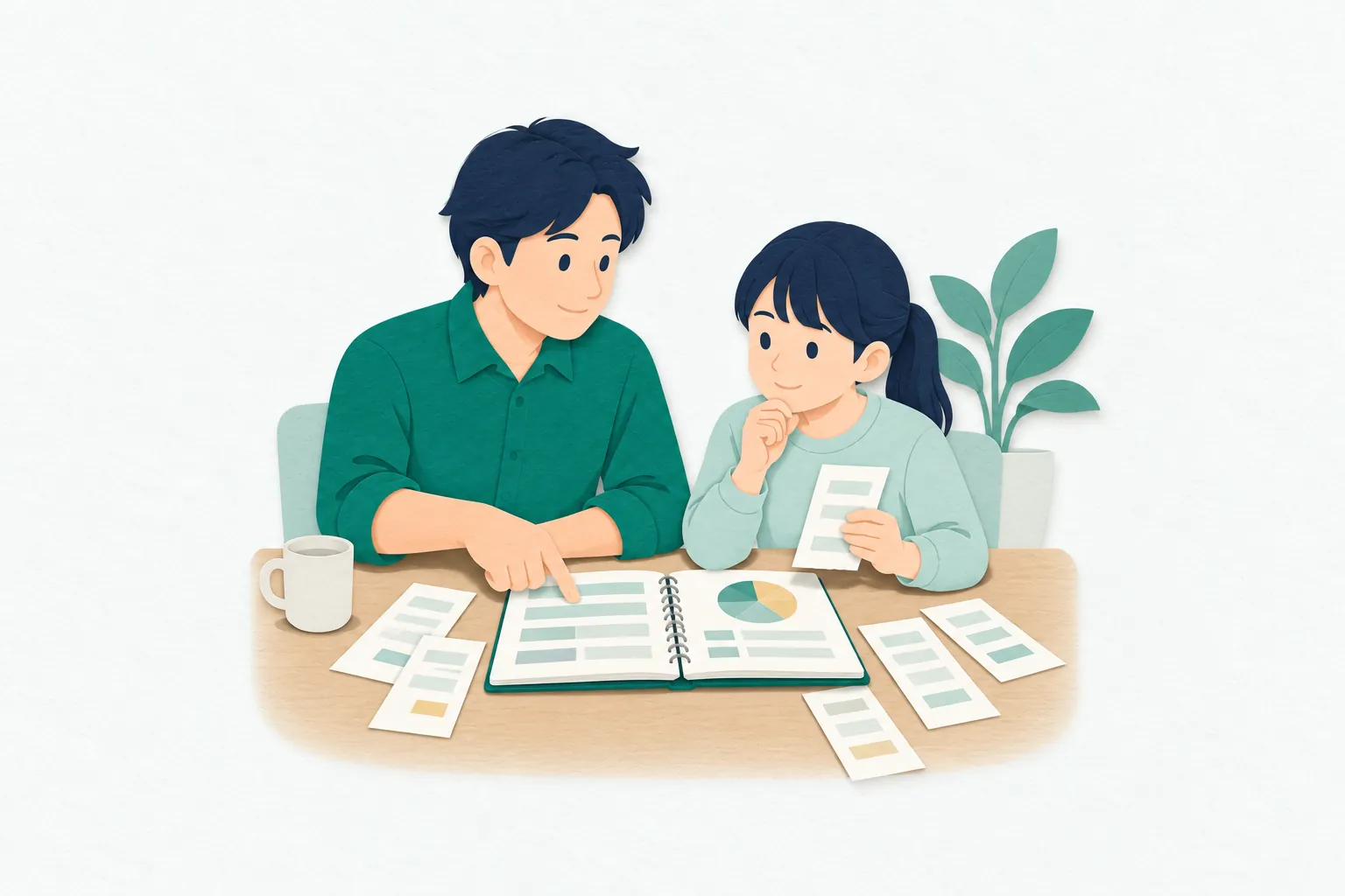 親と中学生くらいの子どもが、食卓に広げた買い物のレシートと家計のノートを見ながら話している。二人は支出を確かめ、暮らしのお金について考えている。