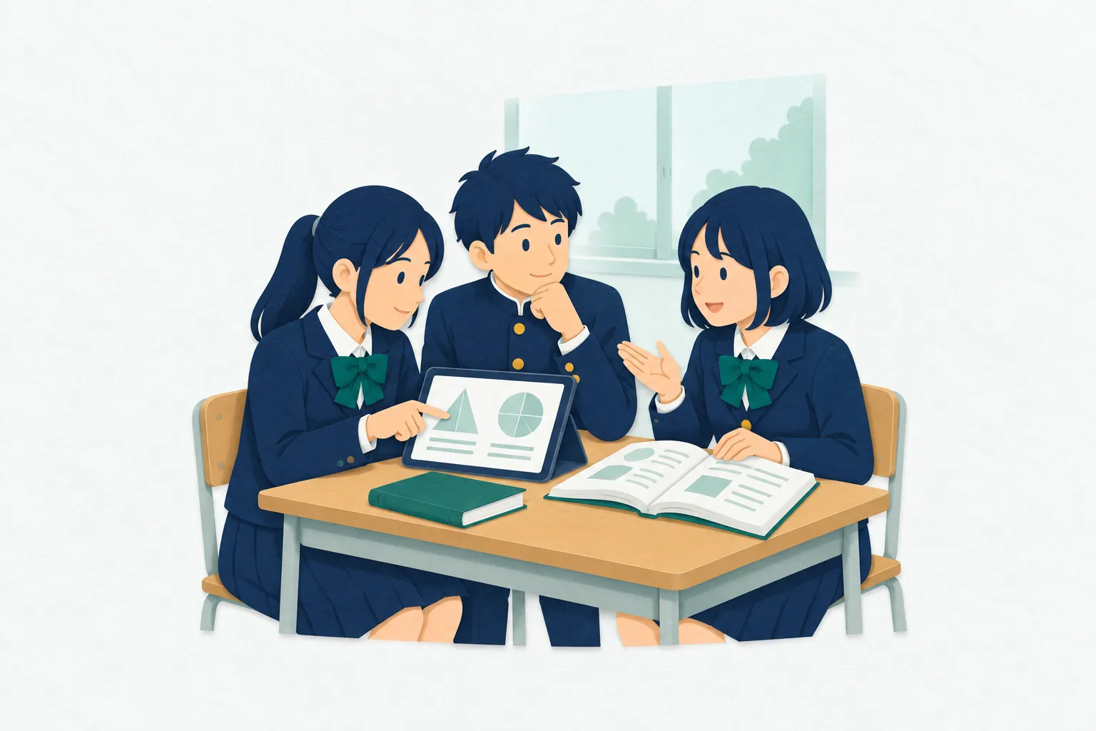 中学校の教室で、生徒たちがタブレットと紙の本を机に広げ、グループで話し合いながら学んでいる。互いの考えを聞き、画面や本の内容を確かめている。