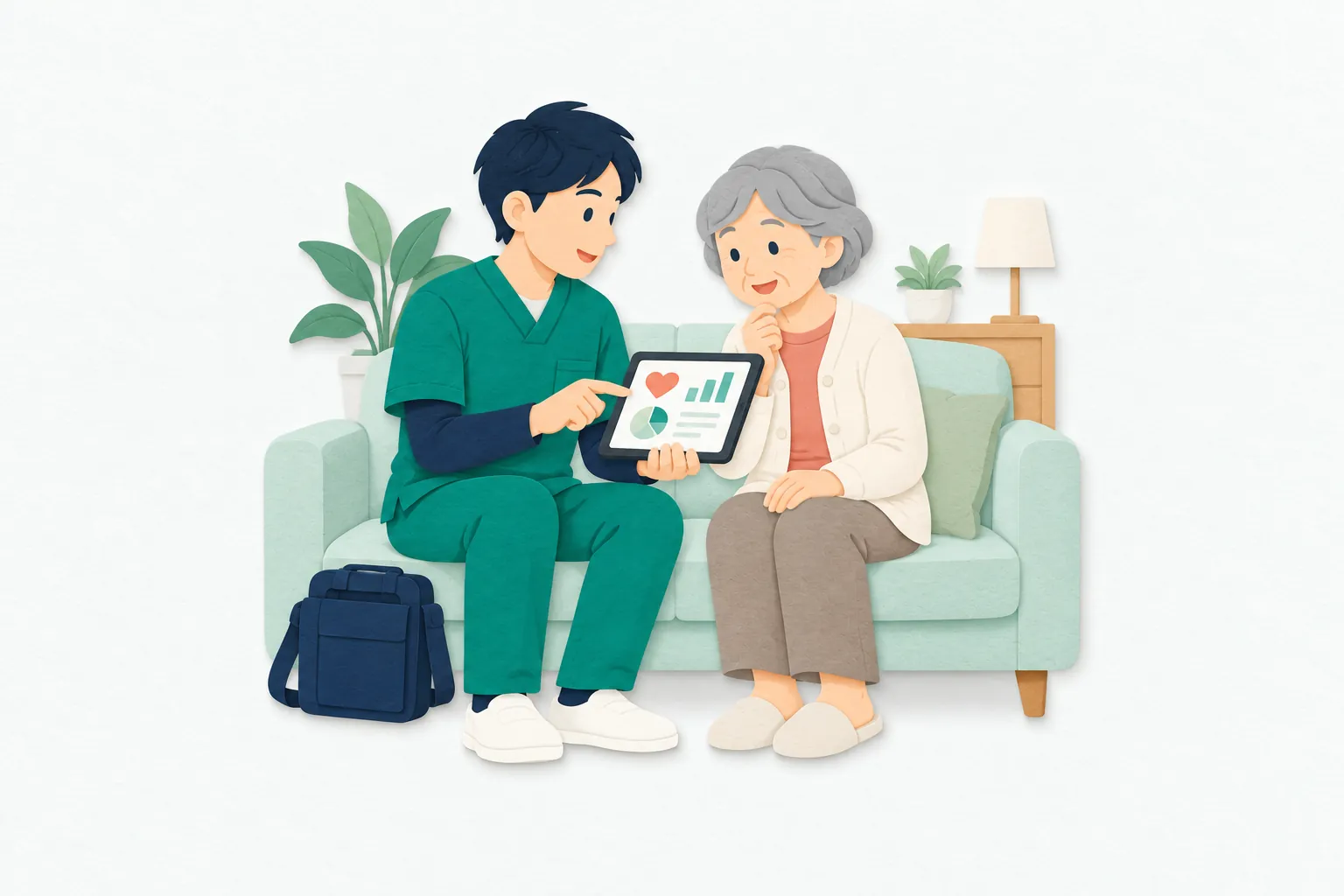 住宅の居間で、訪問看護師がソファに座る高齢の女性にタブレットを見せながら話している。女性は画面を見て、看護師の説明に耳を傾けている。