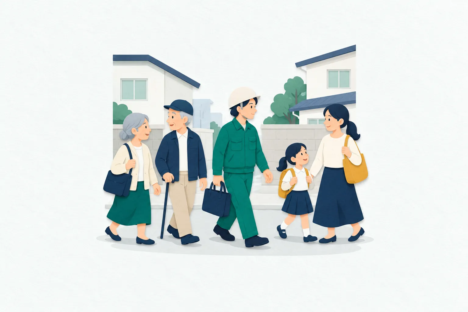 地方の町の通りを、高齢の人や働く世代の大人、子どもが行き交っている。小さな建物が並ぶ明るい通りで、世代の異なる人々が日常を過ごしている。