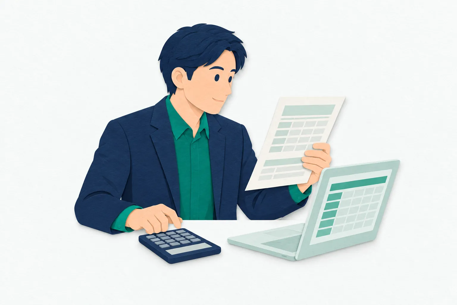 会計事務所で、男性の公認会計士が、パソコンの表と手元の書類を見比べながら内容を確かめている。机の上には電卓と資料が置かれている。