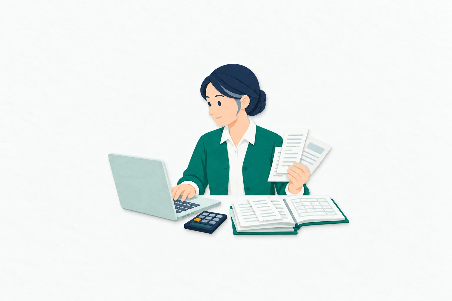 会社の経理席で、女性の担当者が領収書と帳簿を照合し、電卓で確かめながらパソコンに入力している。