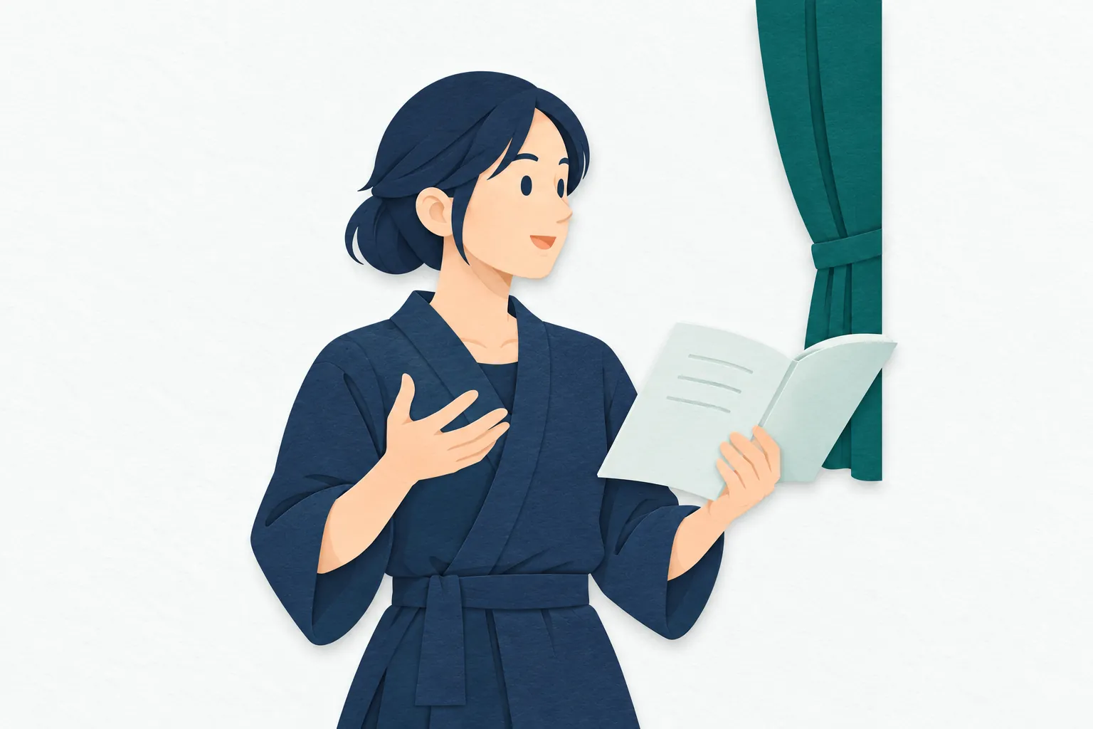 稽古場で、女性の俳優が開いた台本を片手に持ち、相手に呼びかける身ぶりと表情を確かめながらせりふを練習している。