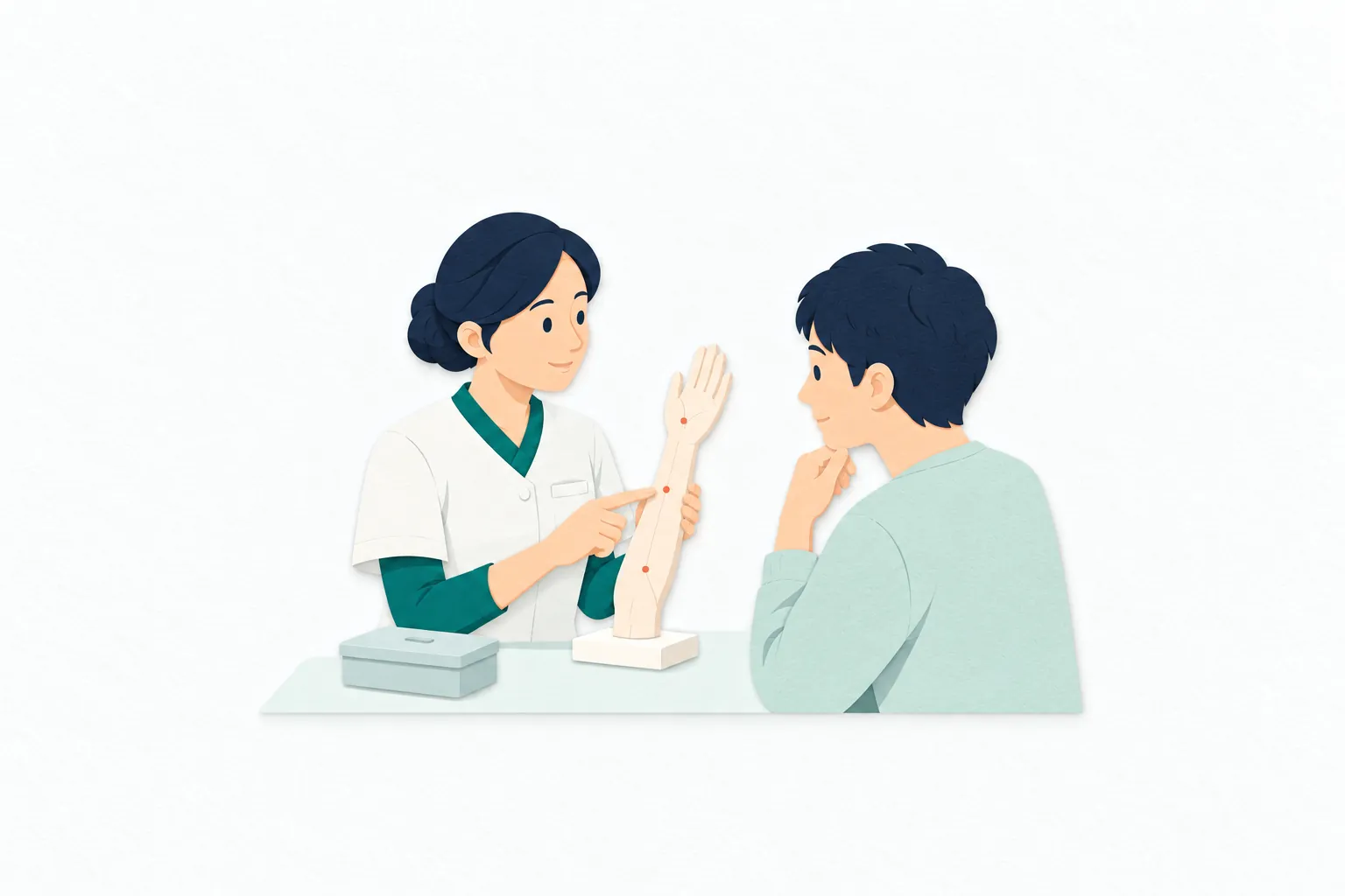 鍼灸院で、女性の鍼灸師が腕の模型を示し、男性の相談者に施術する場所や流れを穏やかに説明している。