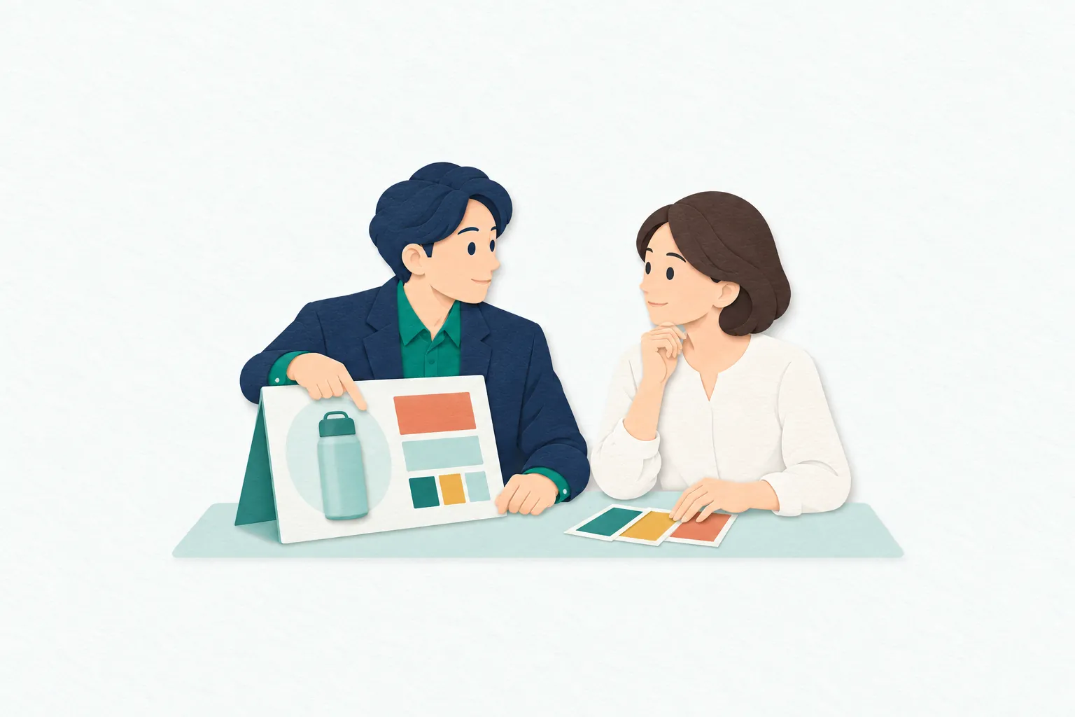 打ち合わせ室で、男性の広告プランナーが広告案のボードを示し、相手と伝える内容や見せ方を相談している。