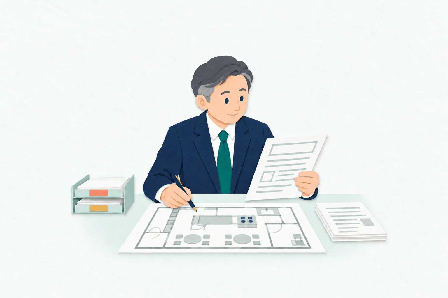 事務所で、男性の行政書士が営業許可の申請書類と店舗の図面を照合し、必要な項目を確認している。