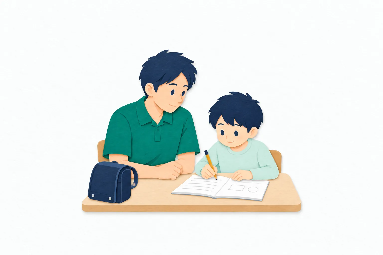 学童保育の部屋で、男性の指導員が子どもの隣に座り、ランドセルから出した宿題に取り組む様子を見守っている。