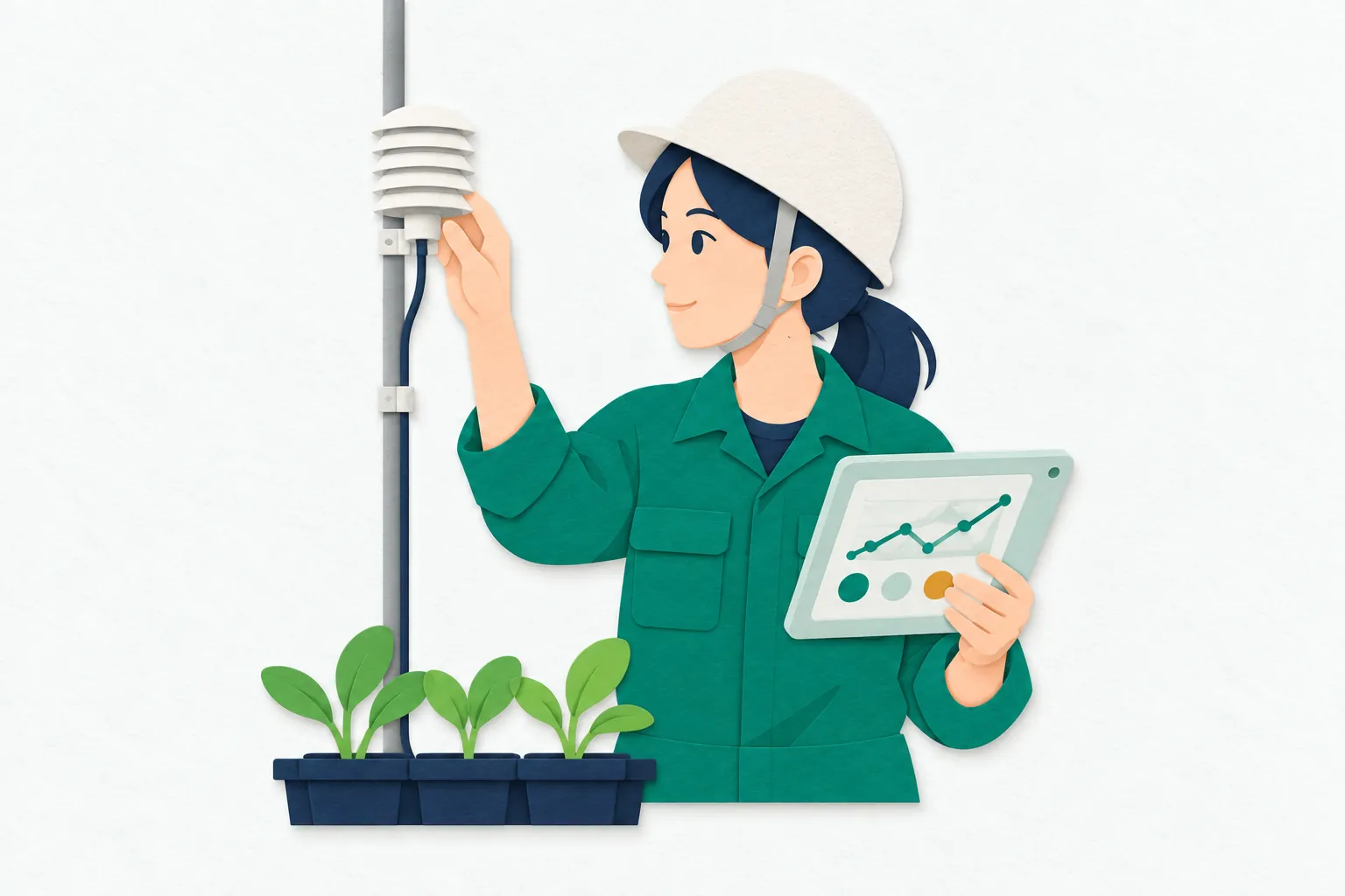 女性のスマート農業技術者が、栽培設備のセンサーを確かめながら、タブレットに表示された環境データを確認している。