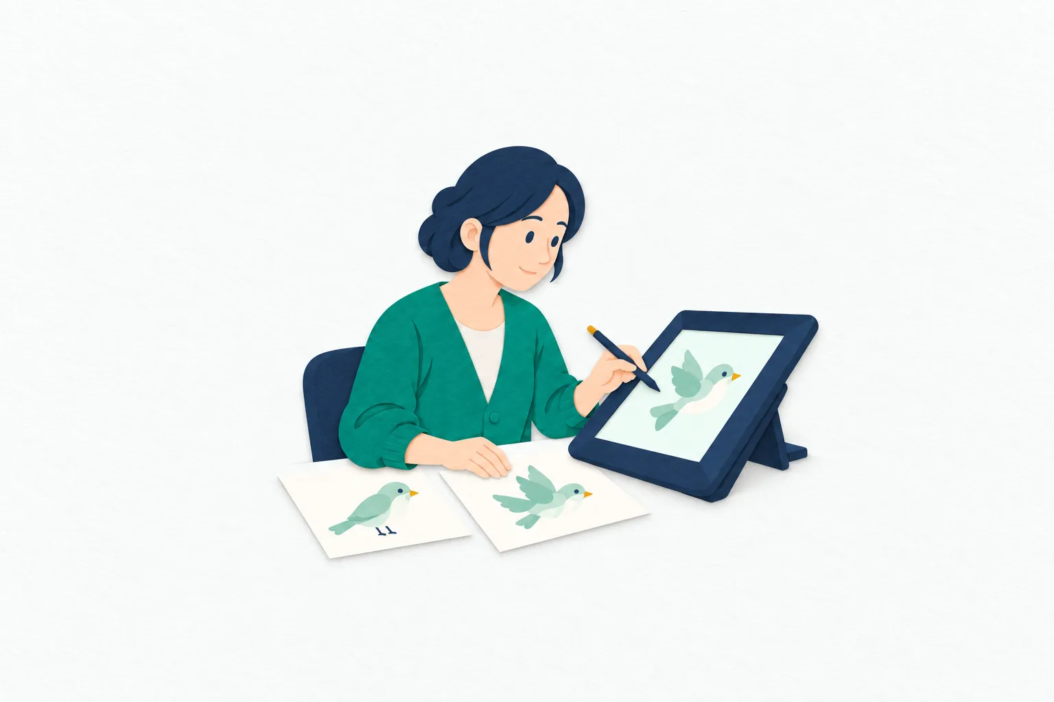 制作机で、女性のアニメーターが液晶ペンタブレットに鳥の動きを描き、横に並べた原画と見比べている。