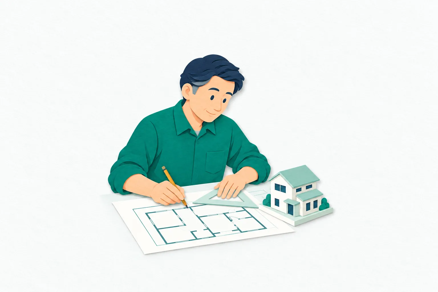設計事務所で、男性の建築士が、机に広げた図面に定規を当てながら住宅の形を検討している。横には、小さな家の模型が置かれている。