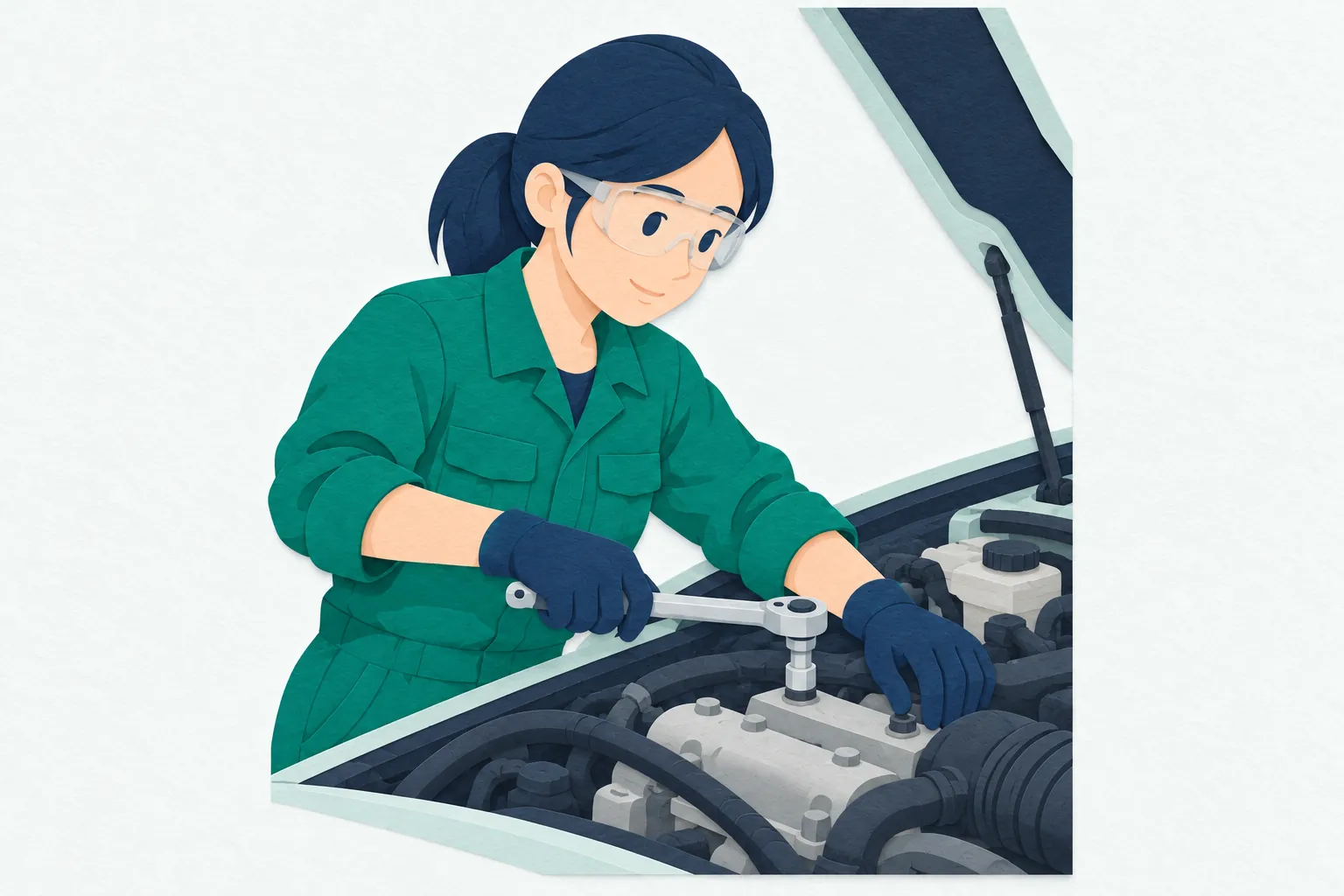 明るい整備工場で、女性の自動車整備士が、車のエンジンルームをのぞきながらレンチで部品の固定を確かめている。工具を持つ手元に集中している。