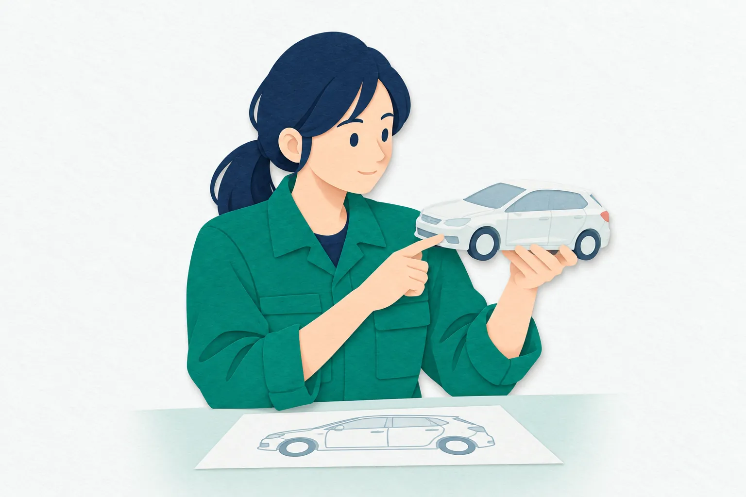 開発室で、女性の自動車開発エンジニアが車体の縮尺模型を確かめ、図面と見比べて形状や部品の配置を検討している。