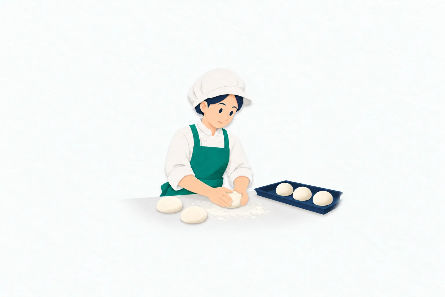女性のパン職人が、粉を薄く振った作業台でパン生地を両手で丸め、形をそろえて天板に並べる準備をしている。