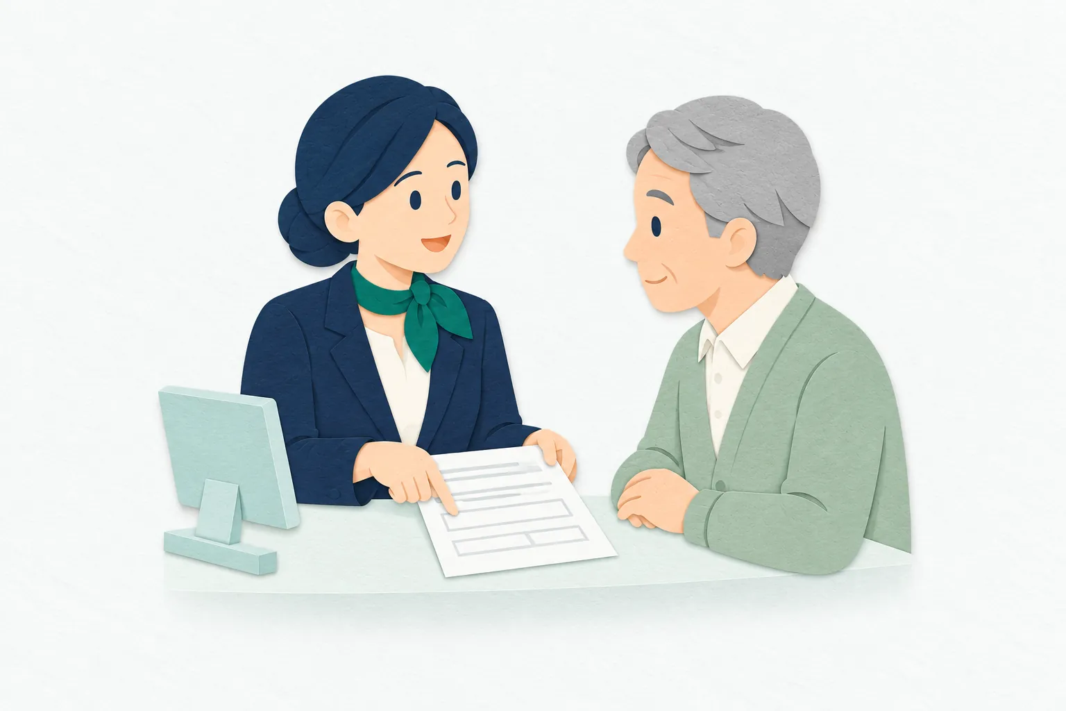 銀行の窓口で、女性の銀行員が、書類を指しながら来店した高齢の男性に説明している。男性はカウンター越しに書類を見て、手続きの話を聞いている。