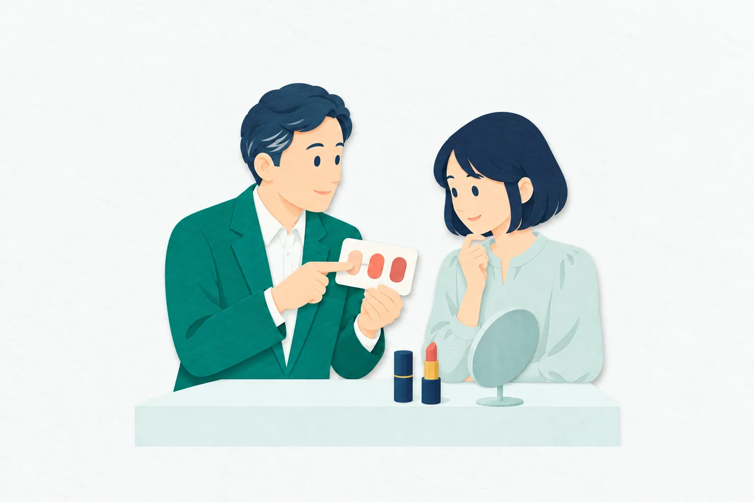 男性の美容部員が、店頭で口紅の色見本を示しながら、相談に訪れた女性のお客さんに商品の色合いを説明している。
