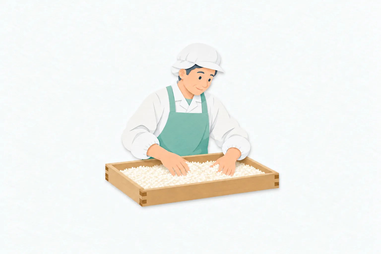 男性の醸造家が、清潔な作業着と帽子を着け、麹室の作業台に広げた蒸し米を両手でほぐして状態を確かめている。