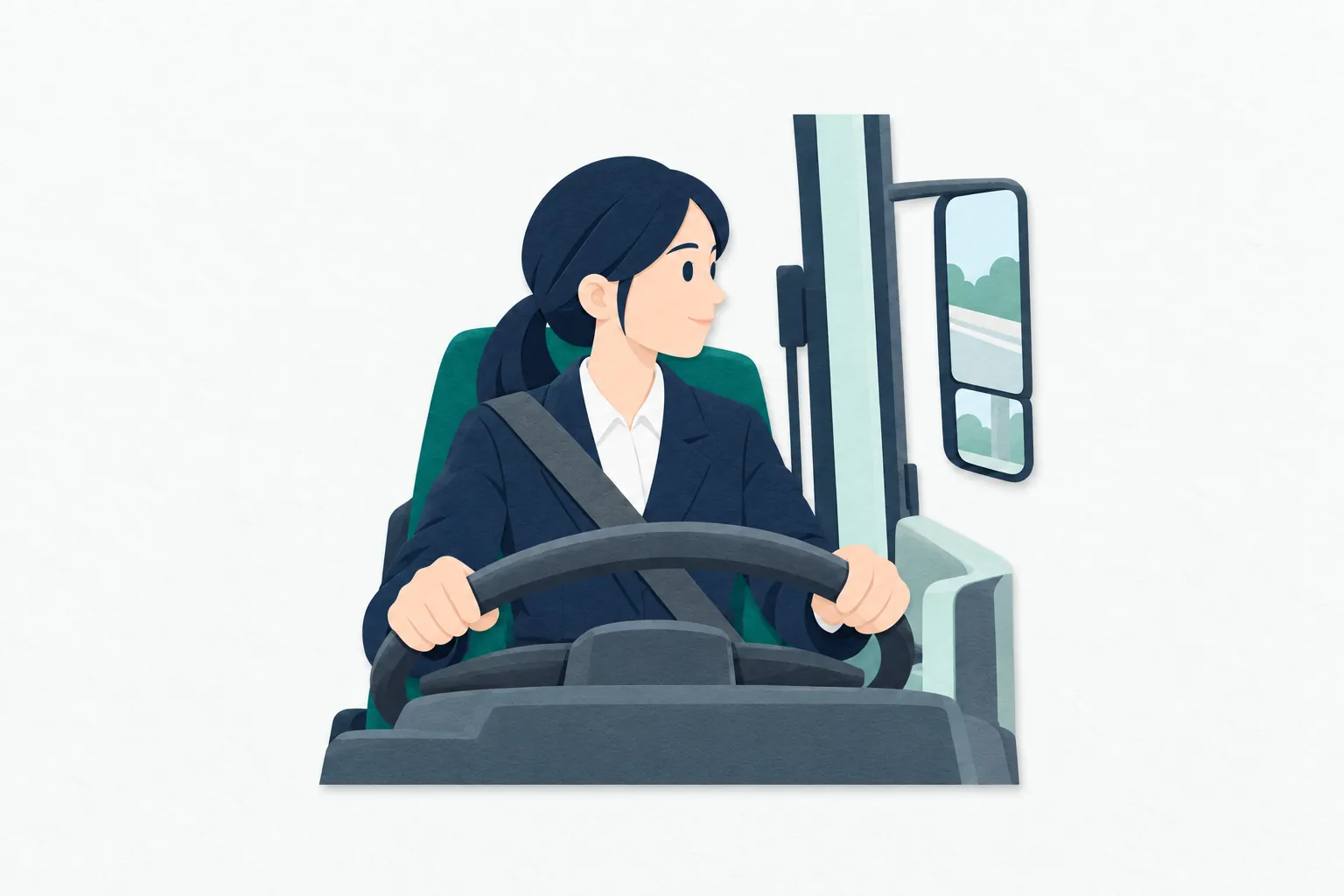 停留所で、女性のバス運転手がハンドルに手を添え、ミラーを見ながら発車前の安全を確認している。