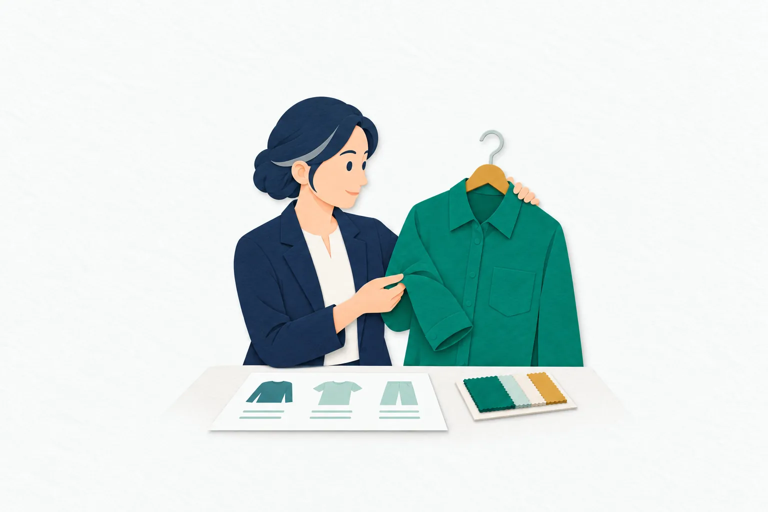 仕入れの商談で、女性のバイヤーが衣料品の生地と縫製を確かめ、商品一覧を見ながら品ぞろえを検討している。