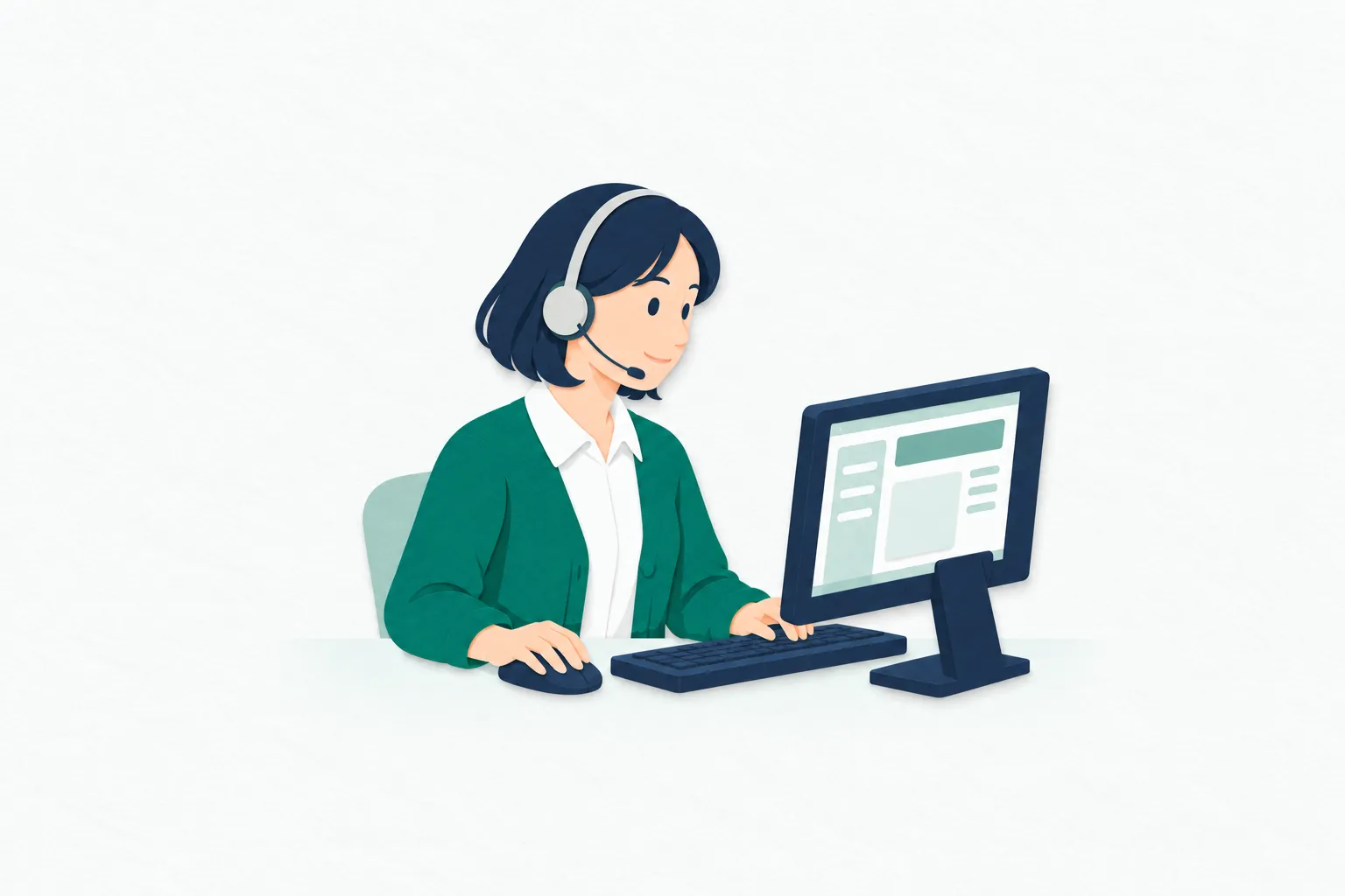 コールセンターで、女性のオペレーターがヘッドセットで問い合わせを聞き、画面を確認しながら応対内容を入力している。