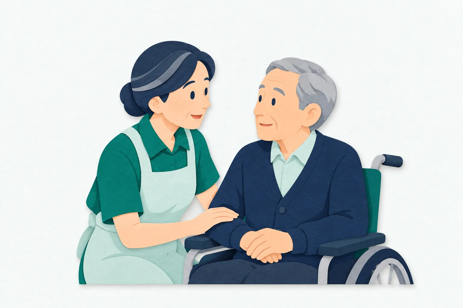 明るい介護施設の部屋で、50代の女性介護福祉士が、車いすに座る高齢の男性と目線を合わせ、表情を見ながらおだやかに話している。