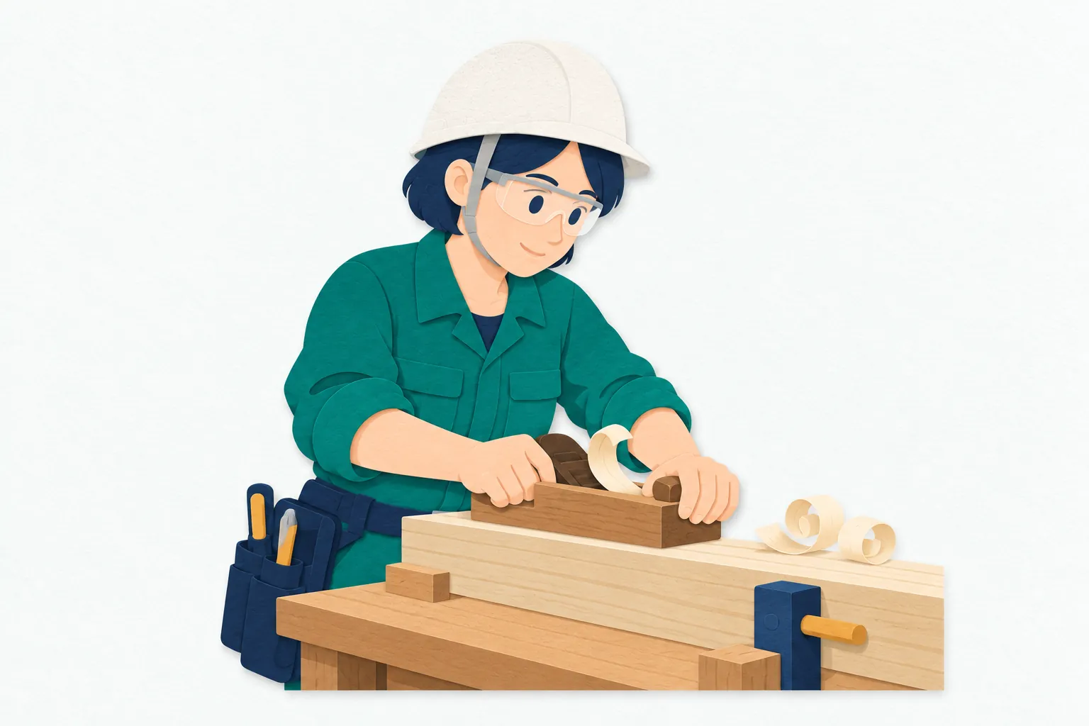 明るい作業場で、ヘルメットと保護眼鏡をつけた女性の大工が、作業台に固定した木材にかんなを掛けている。両手で道具を持ち、表面を丁寧に削っている。