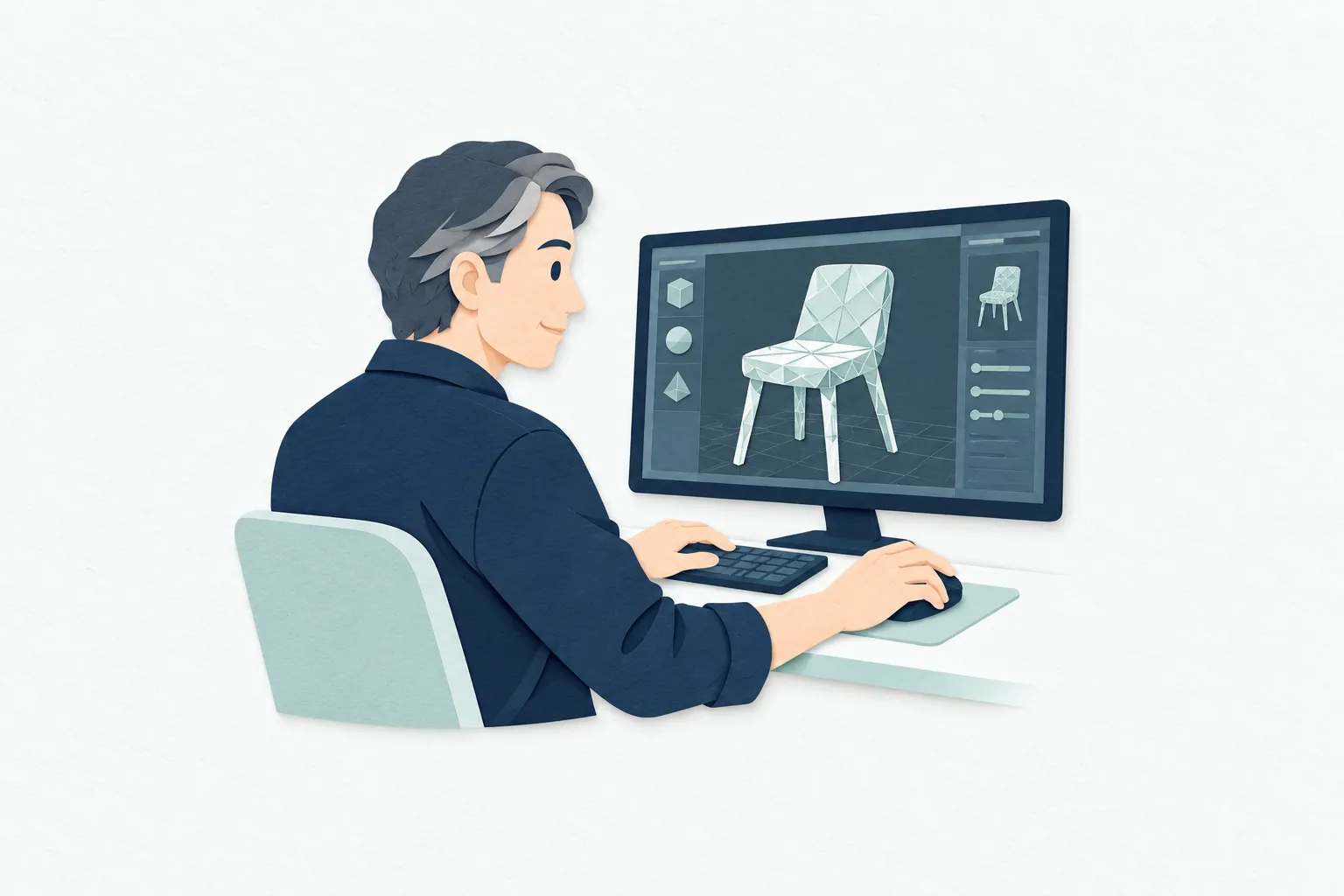 制作室で、男性のCGデザイナーがマウスを操作し、画面に映る立体の椅子の形や面のつながりを調整している。