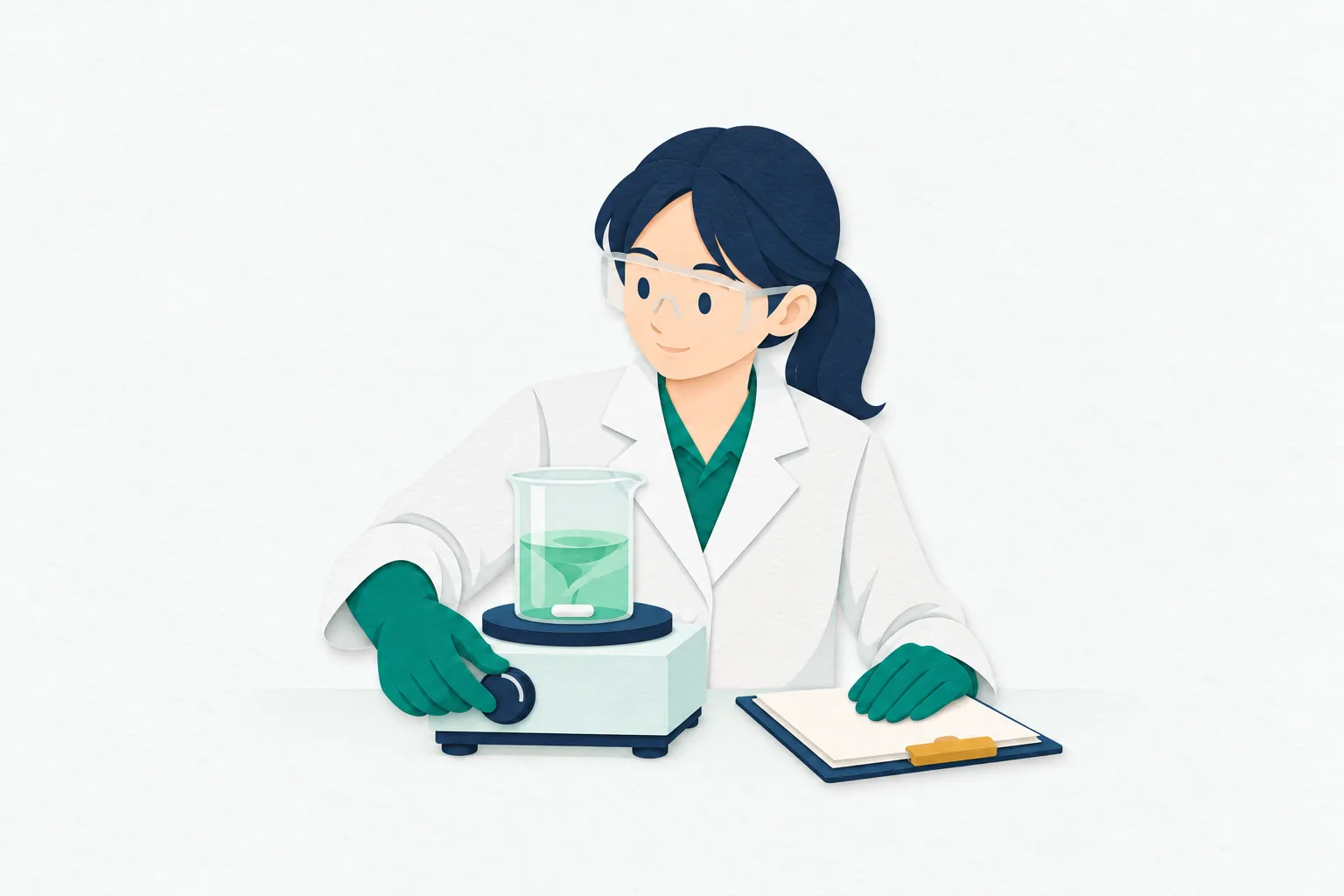 実験室で、女性の化学技術者が小型のかくはん装置で液体を混ぜ、容器の状態と手元の記録を確認している。
