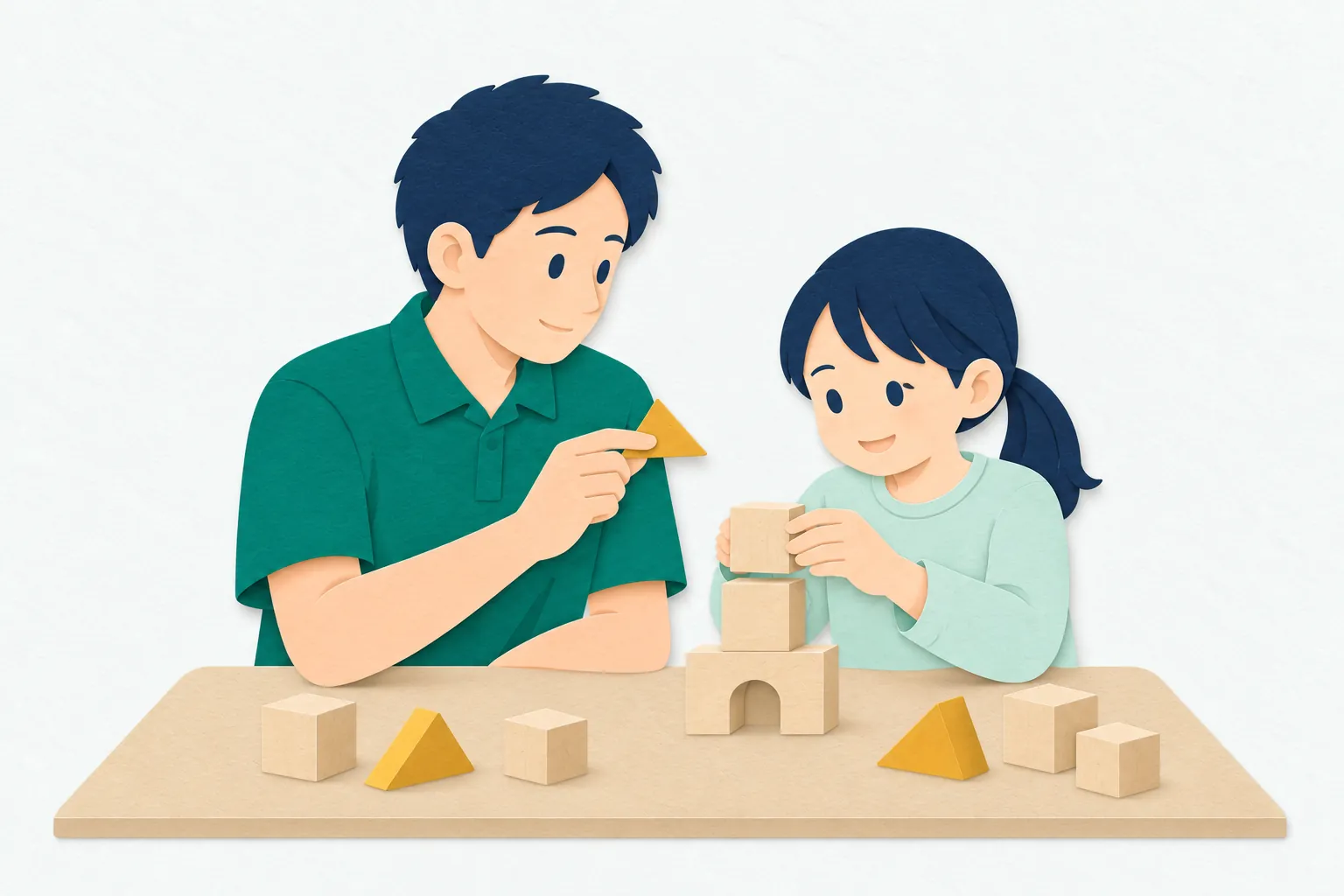 児童福祉施設で、男性の児童指導員が子どもの隣に座り、積み木を使った活動に穏やかに付き添っている。