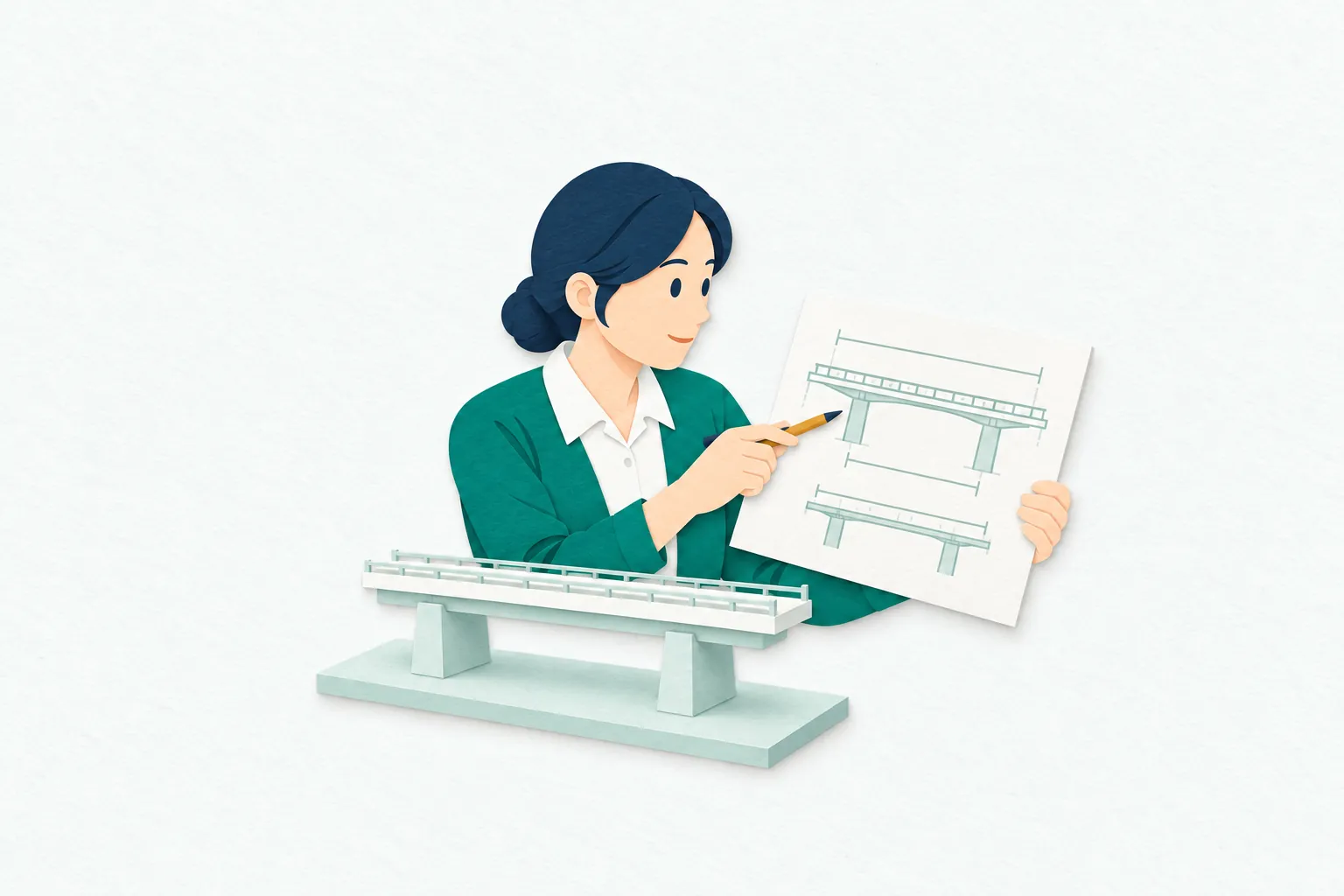 女性の土木技術者が、橋の模型と図面を見比べながら、構造や寸法の関係を確かめて設計を検討している。