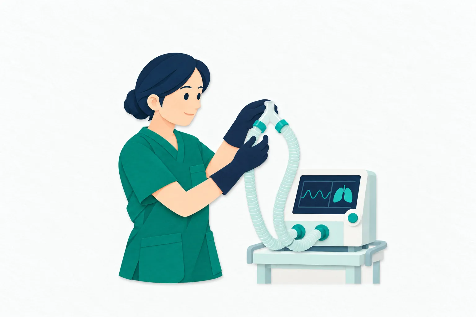 病院で、女性の臨床工学技士が使用前の人工呼吸器の回路を確かめ、接続部を両手で点検している。