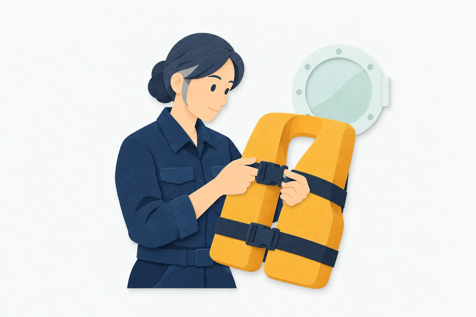 出航前の船内で、女性の海上保安官が救命胴衣のベルトと留め具を確かめ、救助用装備を点検している。