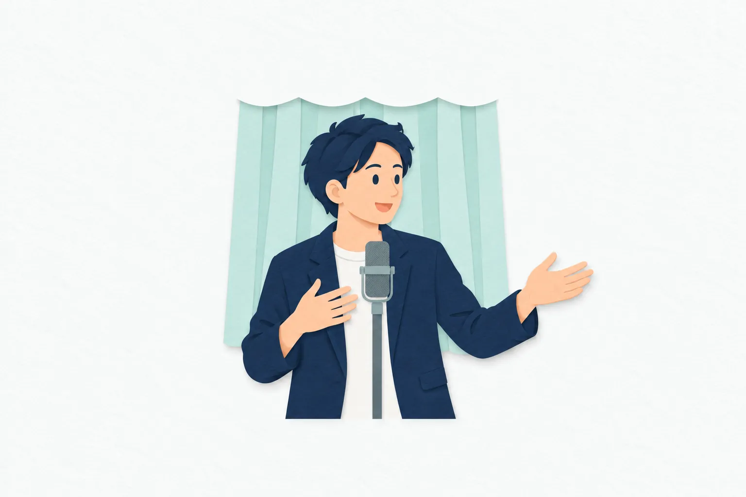舞台の中央で、男性のお笑い芸人がスタンドマイクに向かい、片手を広げた身ぶりで観客に話しかけている。