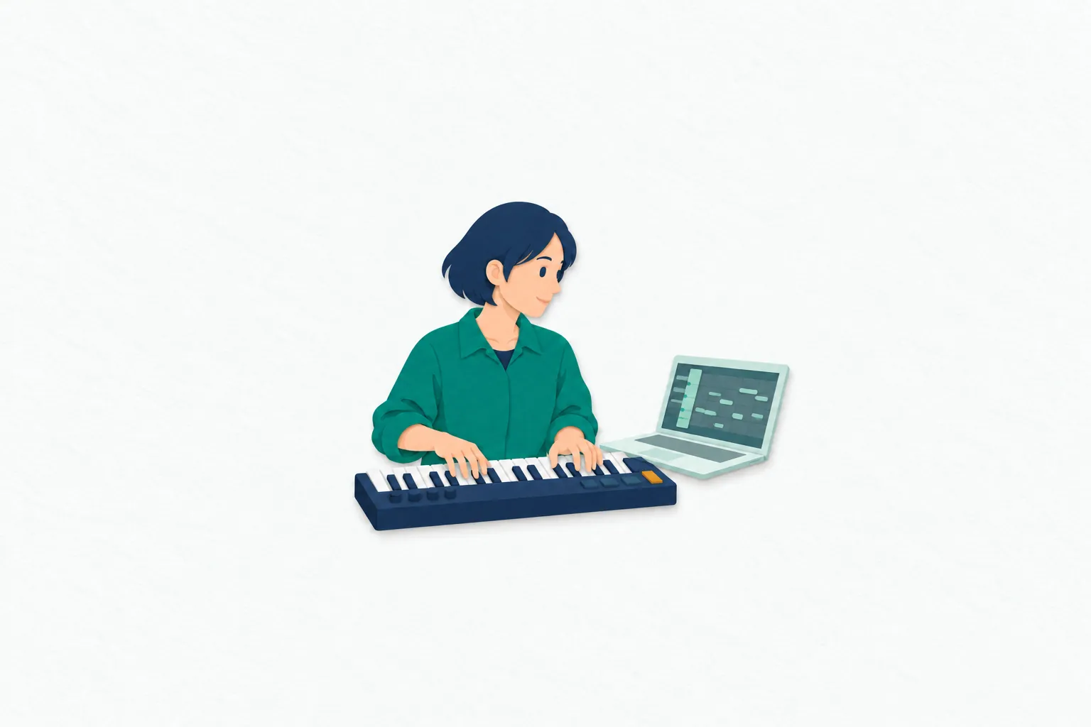 制作室で、女性の作曲家が電子鍵盤で旋律を確かめ、そばの画面に並ぶ音の長さや高さを見ながら曲を組み立てている。