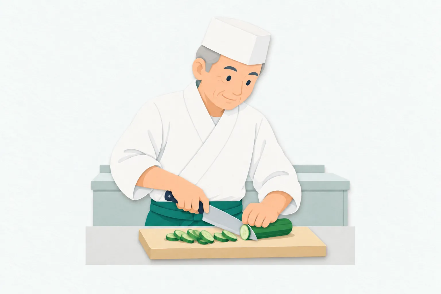料理店の厨房で、白い調理服を着た60代の男性料理人が、まな板の上の野菜を包丁で切っている。添えた手の指を曲げ、手元に集中している。