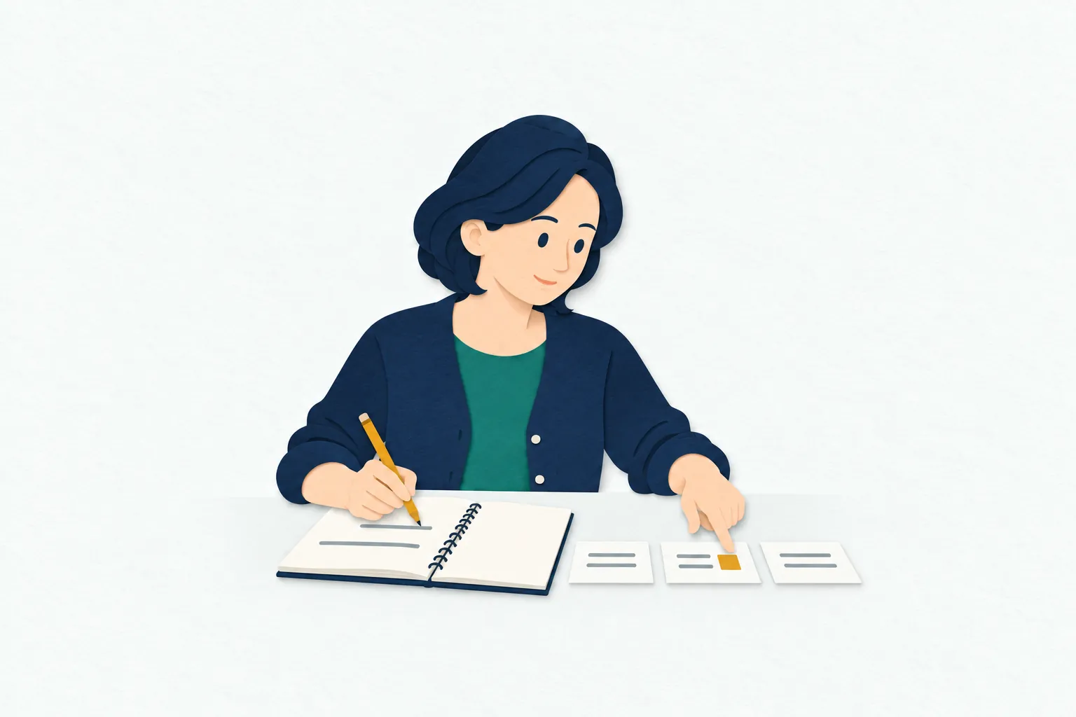 制作机で、女性のコピーライターが広告案のカードを並べ、候補を指で示しながらノートに表現のアイデアを書き留めている。