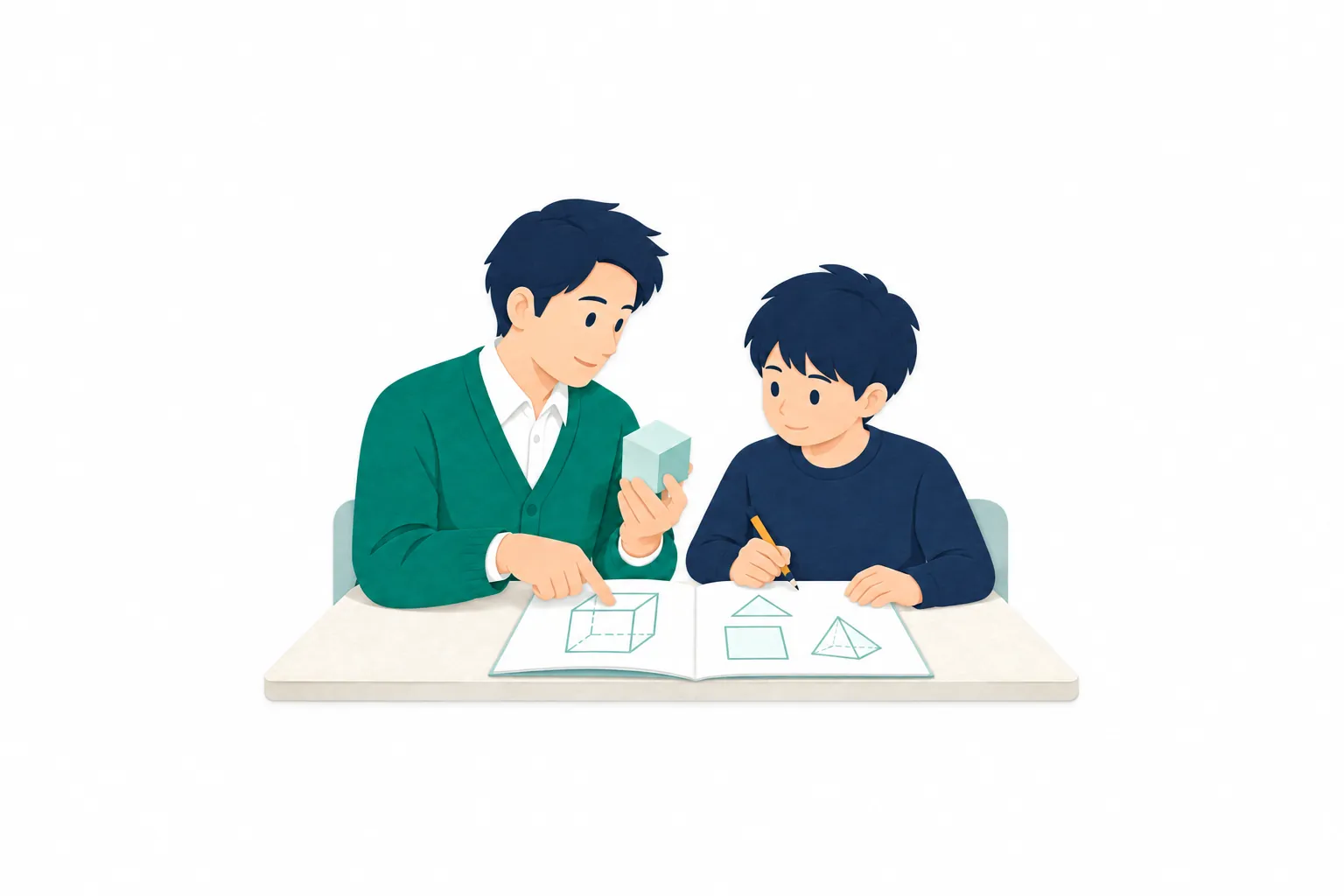 学習塾で、男性の講師が立体模型と図形だけの教材を示し、生徒に図形の考え方を説明している。