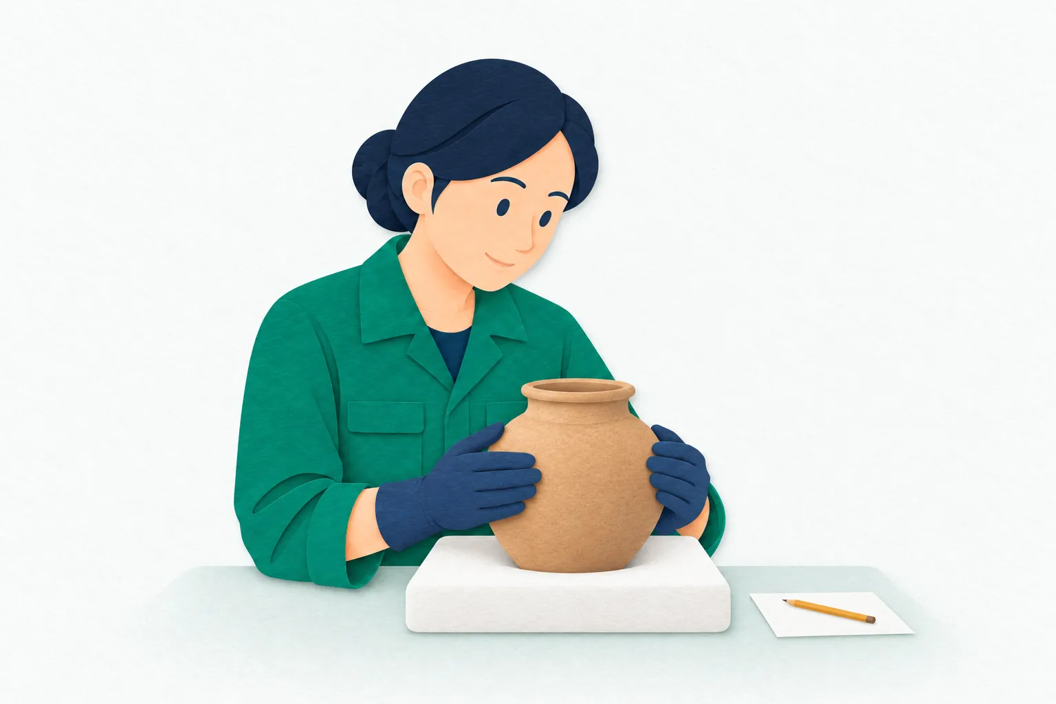 博物館の収蔵室で、女性の学芸員が手袋を着け、資料用の陶器を柔らかな台の上で点検している。