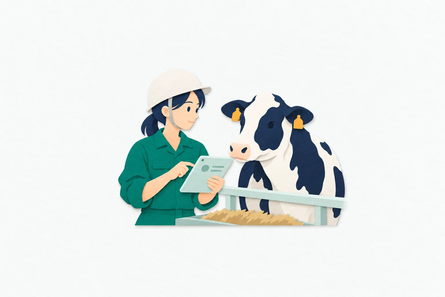 女性の酪農家が、牛舎で乳牛のそばに立ち、手に持ったタブレットで飼育記録を確認しながら牛の様子を観察している。