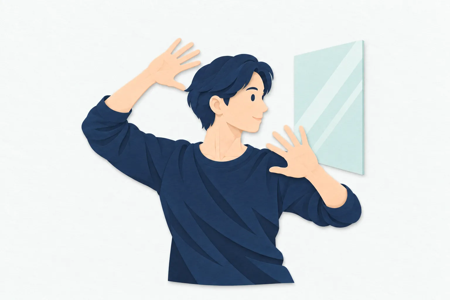 稽古場で、男性のダンサーが鏡の前で上半身をひねり、腕を広げる振り付けの形を確かめている。