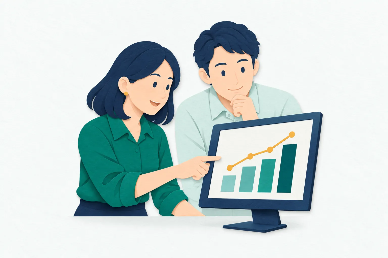 明るいオフィスで、30代の女性データサイエンティストが、大きなモニターの線と棒のグラフを指し、横にいる同僚と結果について話している。