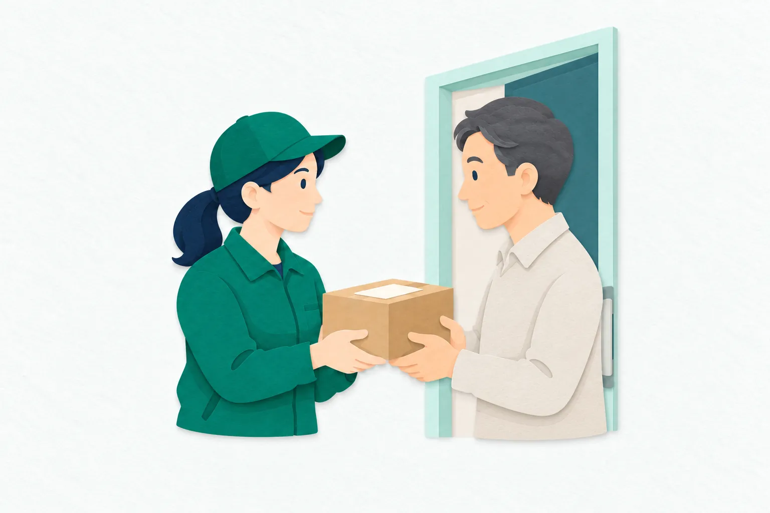 玄関先で、女性の配達員が小包を差し出し、受け取る人と荷物を確かめながら丁寧に手渡している。