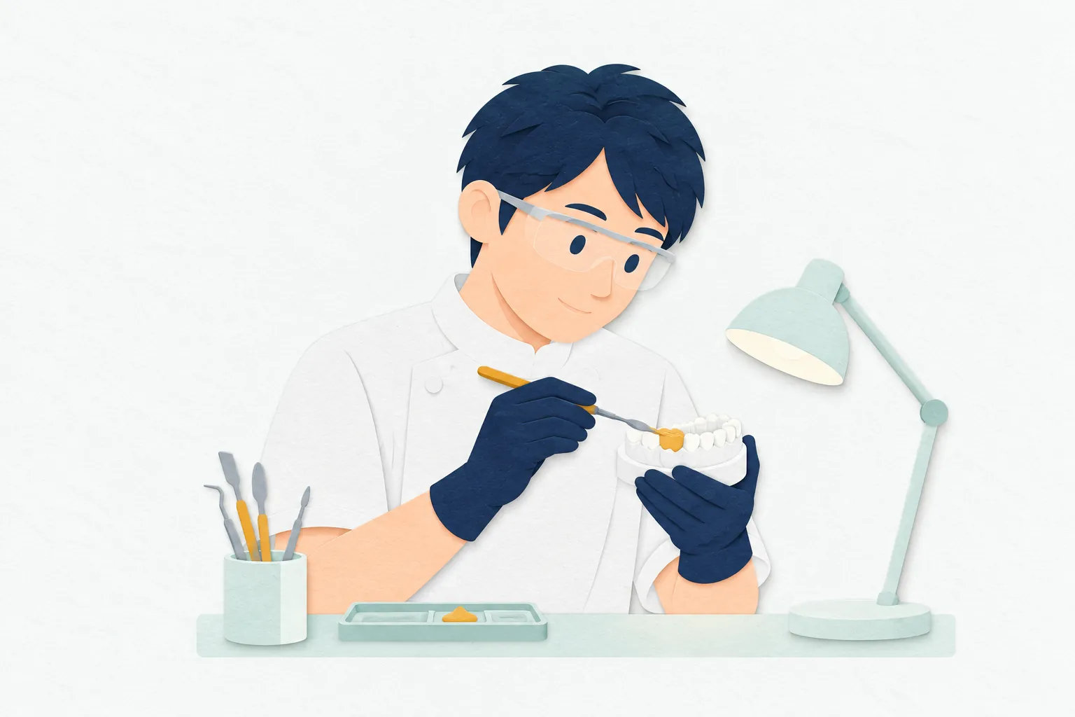 歯科技工所で、男性の歯科技工士が歯の模型を手に持ち、作業台の照明の下で補綴物の形を確かめている。