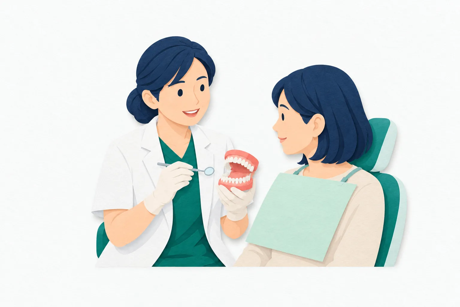 明るい歯科診療室で、女性の歯科医師が、歯の模型を指しながら椅子に座る患者に説明している。患者は模型を見て話を聞いている。