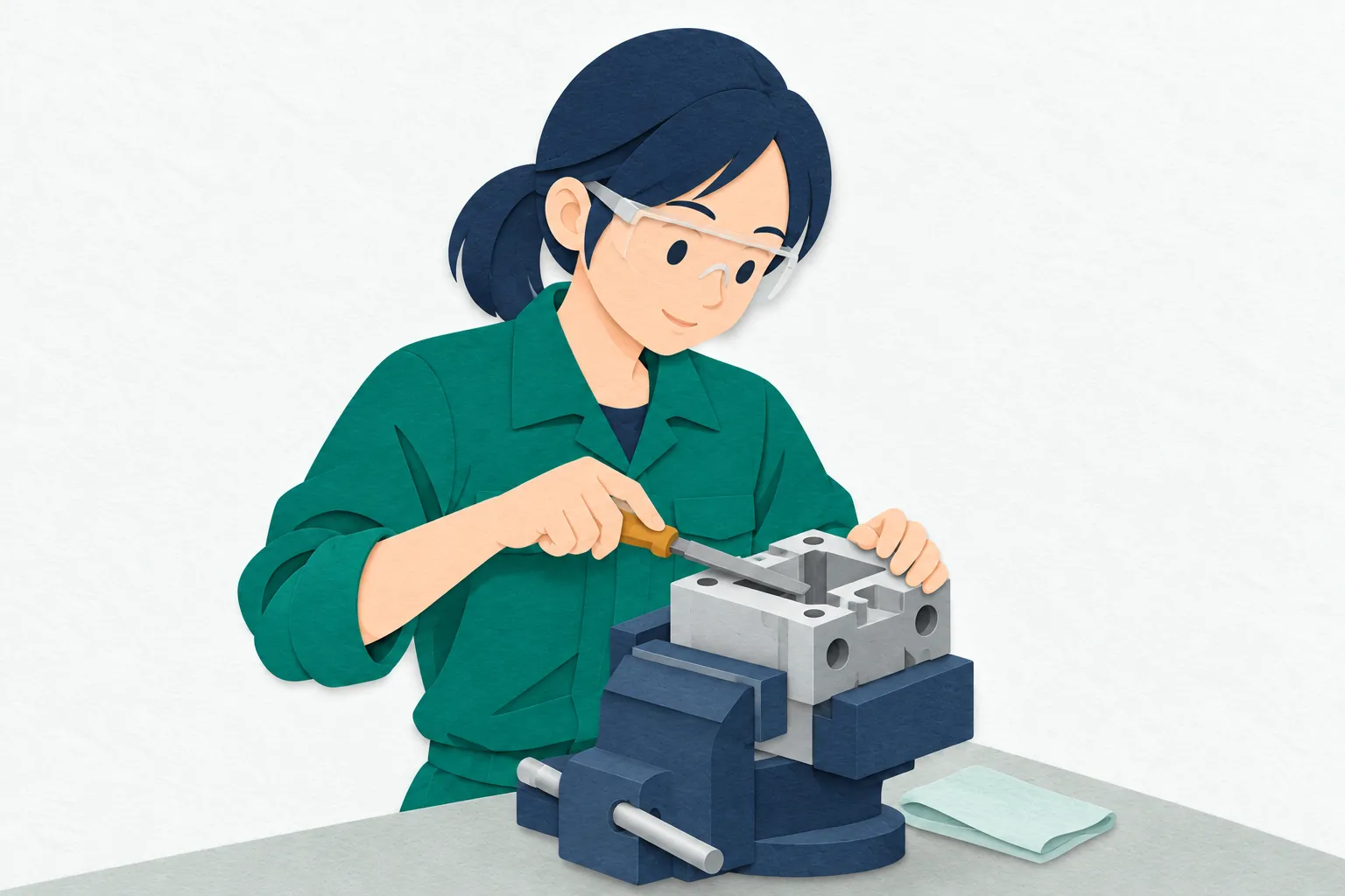 仕上げ台で、女性の金型職人が金型のくぼみに小さなやすりを当て、表面の形と滑らかさを丁寧に整えている。