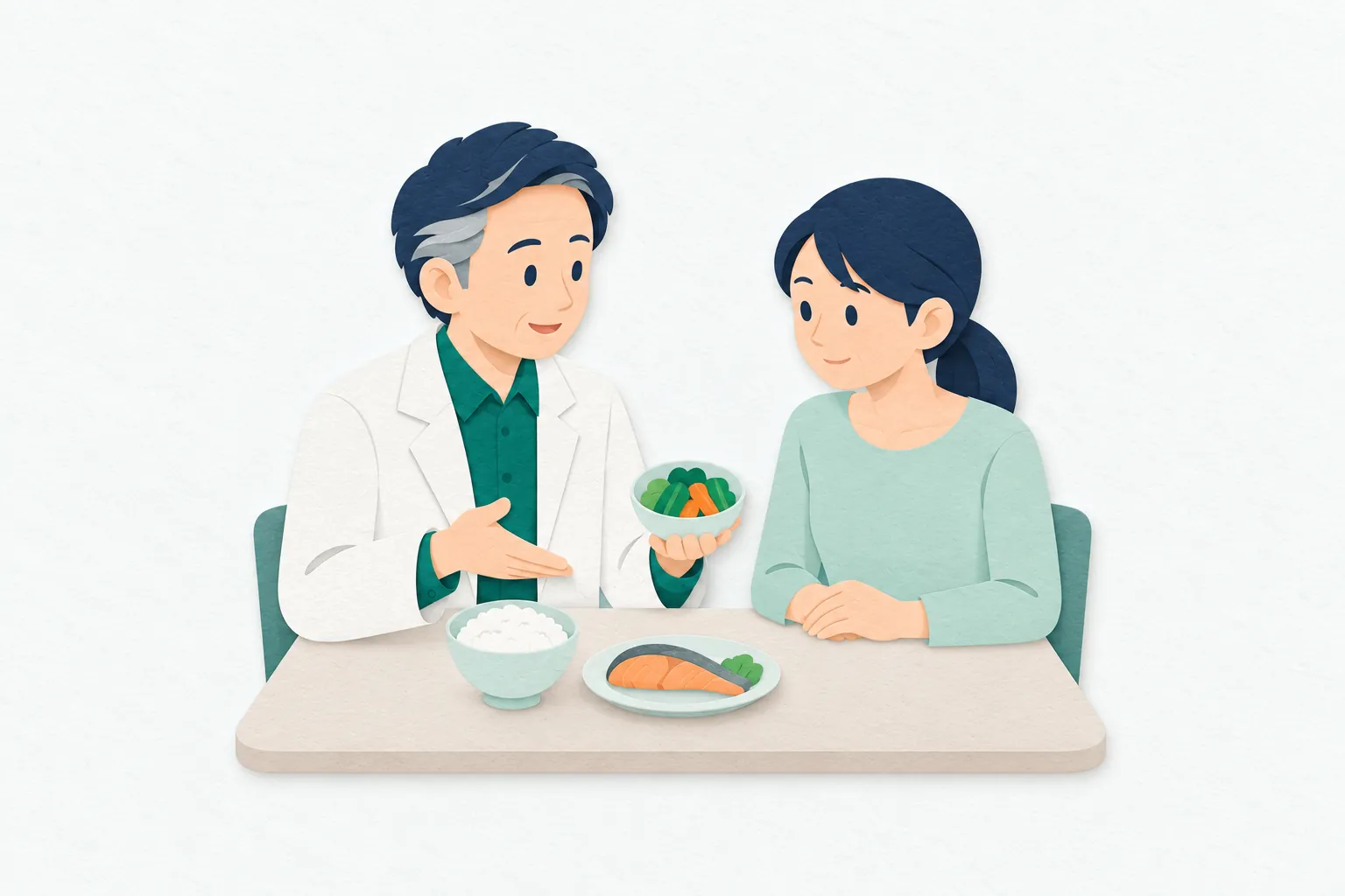 栄養相談室で、男性の管理栄養士が主食や野菜の食品模型を並べ、女性の相談者に食事の組み合わせを説明している。