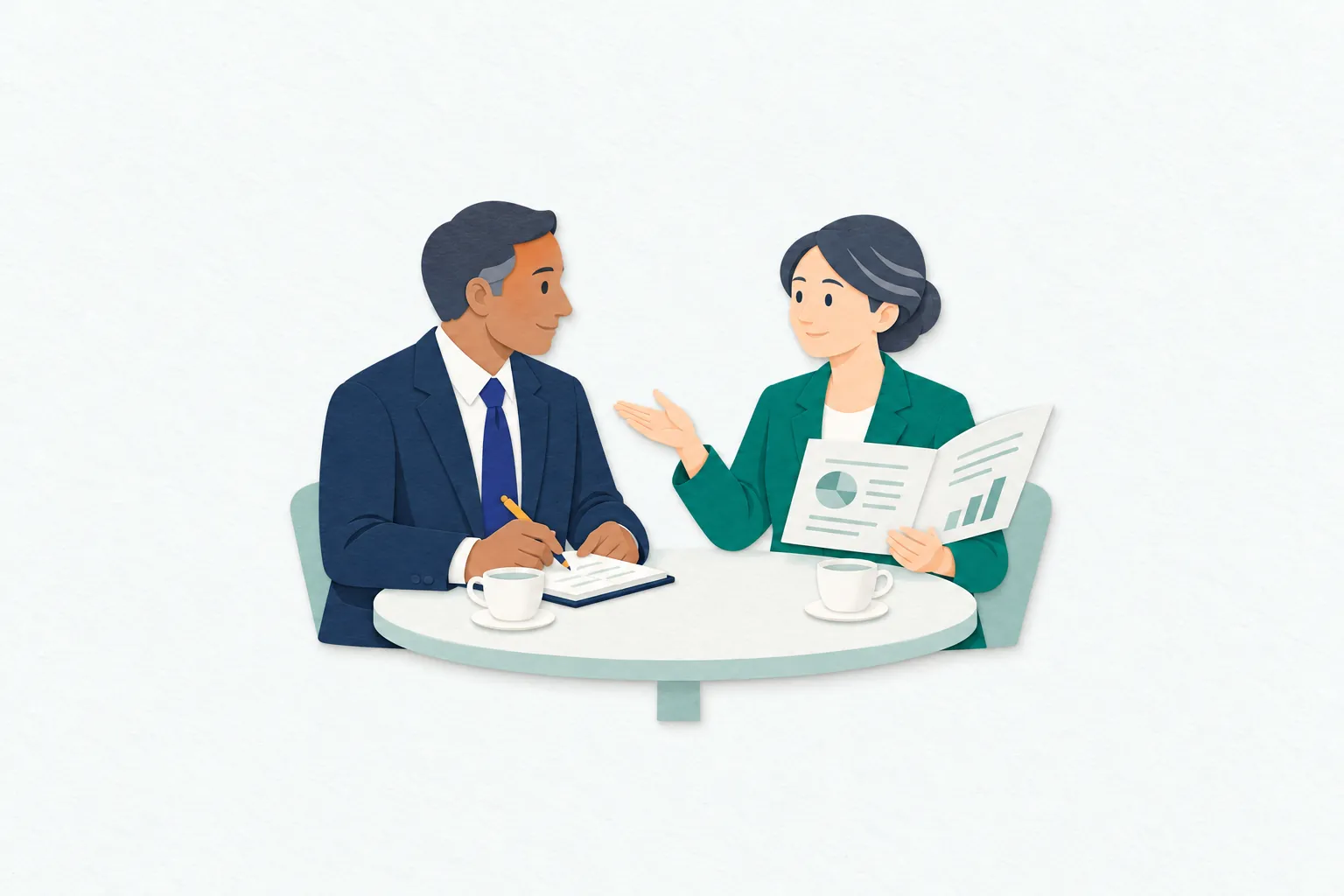 会談の席で、女性の外交官が資料を開き、向かいに座る海外の担当者と穏やかに意見を交わしている。