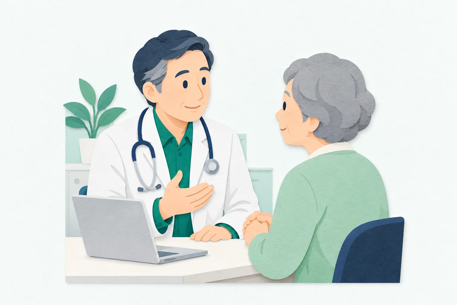 明るい診察室で、首に聴診器をかけた50代の男性医師が、高齢の女性患者の話をうなずきながら聞いている。机にはノートパソコンがある。