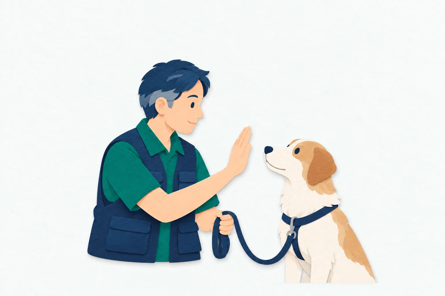 男性のドッグトレーナーが、落ち着いて座る犬に手の合図を示し、リードを緩めて持ちながら基本動作の練習をしている。