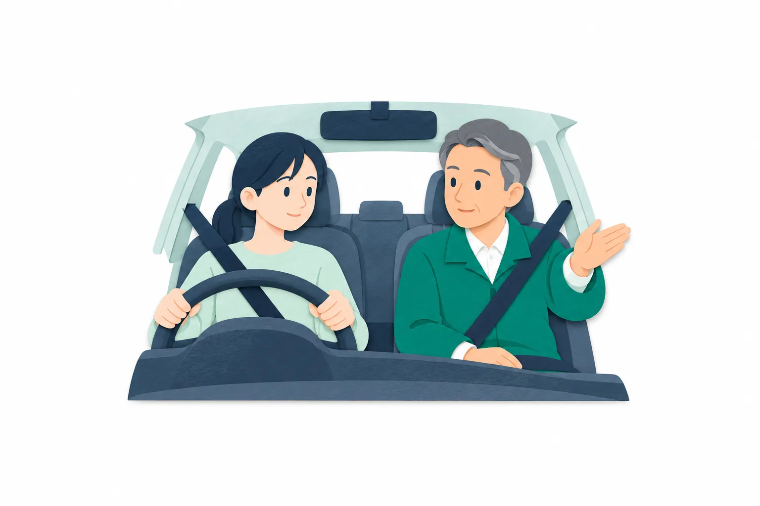 教習車の助手席で、男性の指導員が教習生に前方の確認を促し、安全な運転操作を案内している。